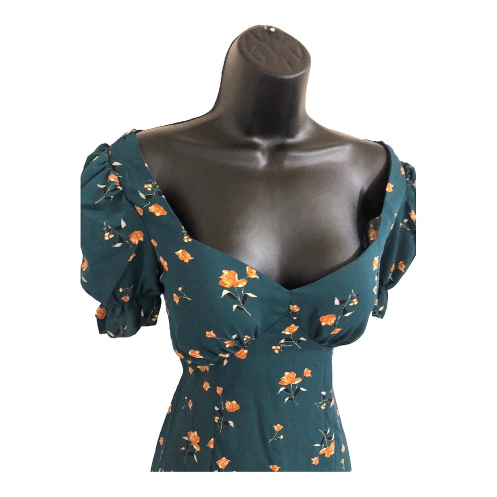 Teal Floral Puff-Sleeve Midi Dress